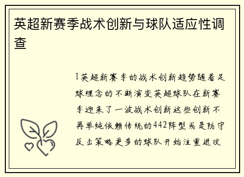 英超新赛季战术创新与球队适应性调查